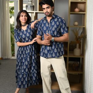 Couple Matching Navy-Blue Printed Cotton Anarkali Midi Dress & Shirt Set ? Summer Casual Wear