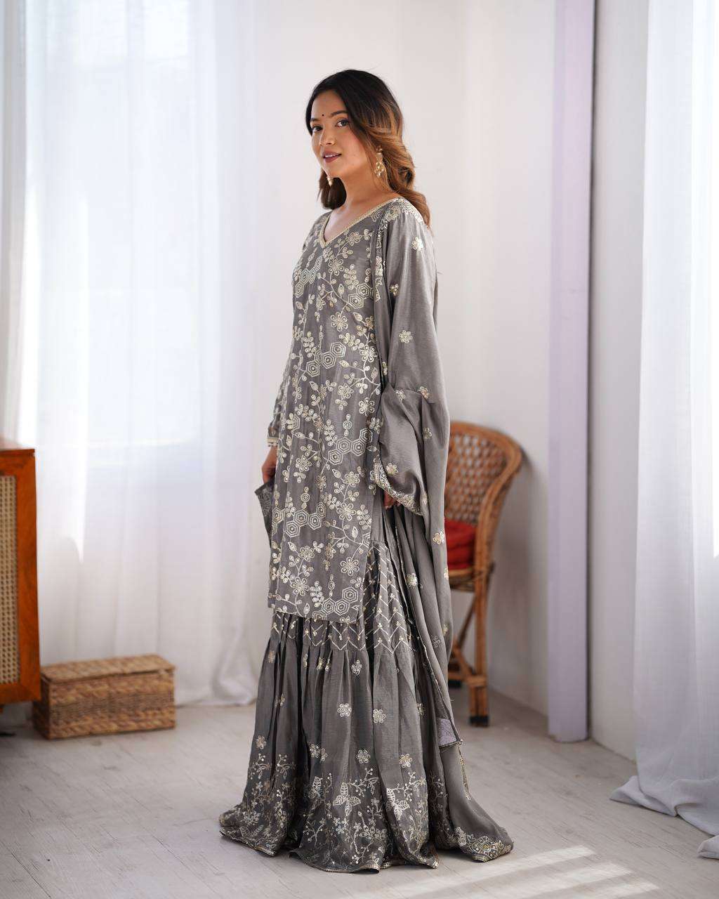 Women's Chinon Silk Embroidery Sequence Work Straight Kurti With Sharara Suit and Dupatta Set - Image 7