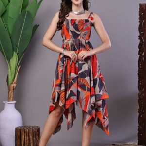 Women's Rust & Grey Abstract Print Cotton Handkerchief Hem Dress Midi Dresses